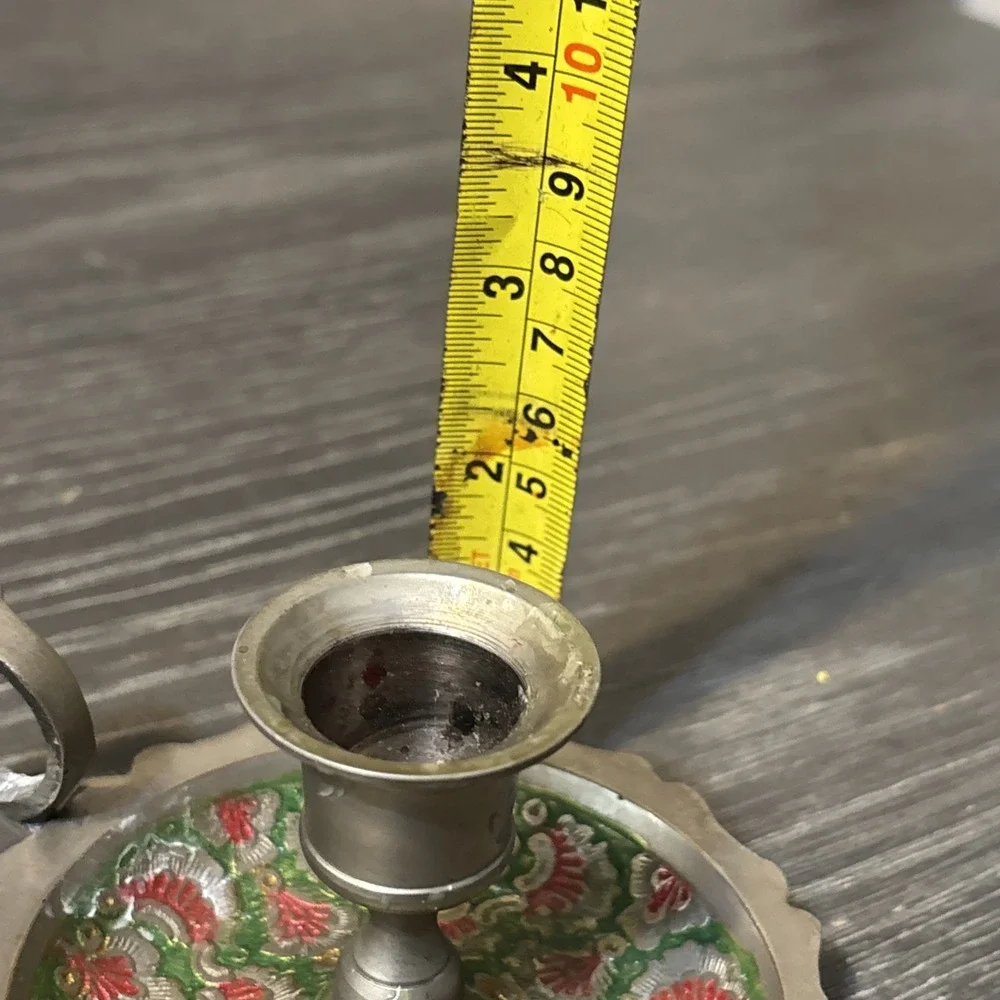 Vtg Enameled Cloisonne Brass Hand Paint‎ s Flamingos Candlestick Candle Holder